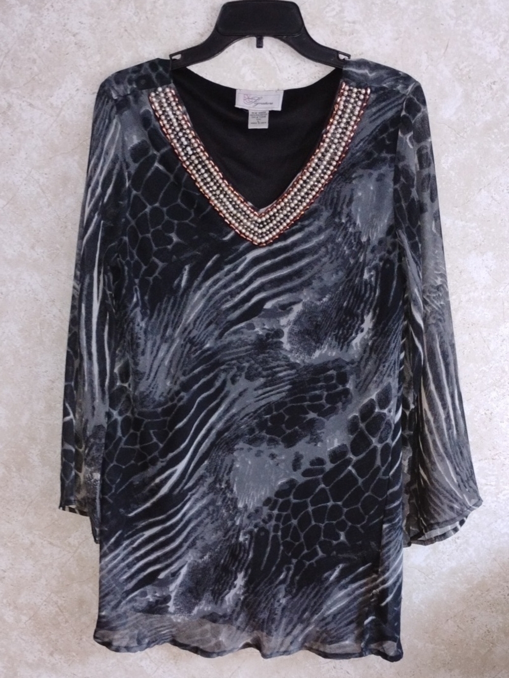 VINTAGE Womens Zebra /animal Print top with beaded neckline and sheer sleeves